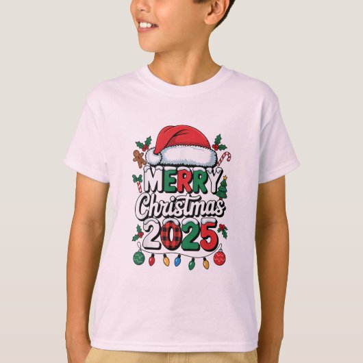 Christmas 2025 Pajama Funny Santa Hat Xmas Lights Tシャツ (正面)