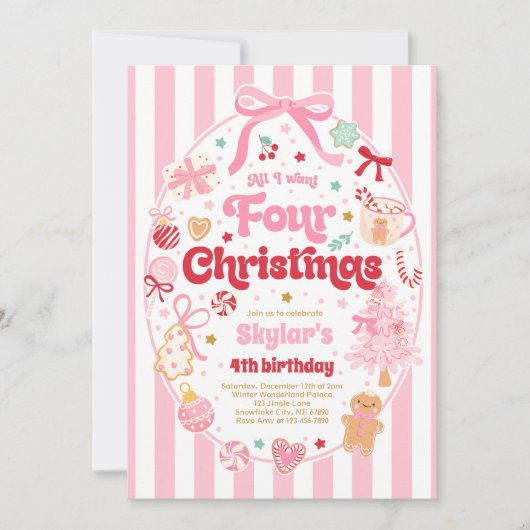 Christmas 4th Birthday Party Coquette Bow Birthday 招待状 (正面)