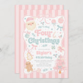 Christmas 4th Birthday Party Coquette Bow Birthday 招待状 (正面/裏面)