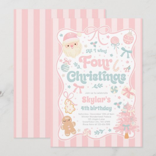 Christmas 4th Birthday Party Coquette Bow Birthday 招待状 (正面/裏面)