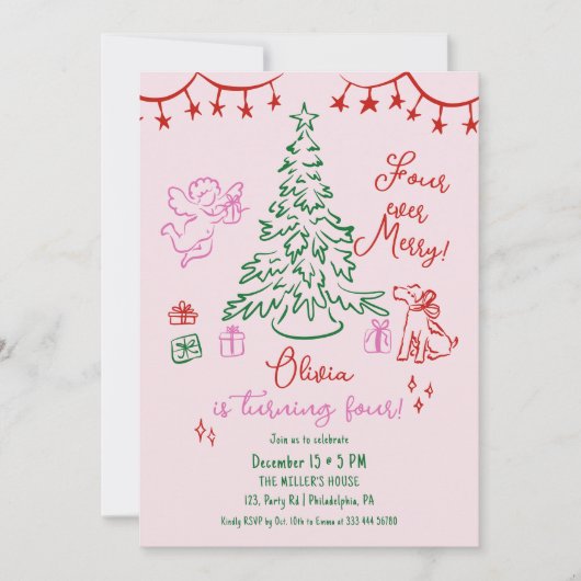 Christmas 4th birthday whimsical tree 案内状 (正面)