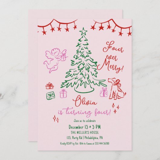 Christmas 4th birthday whimsical tree 案内状 (正面/裏面)
