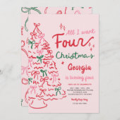 Christmas 4th Coquette Bow Christmas Tree Birthday 招待状 (正面/裏面)