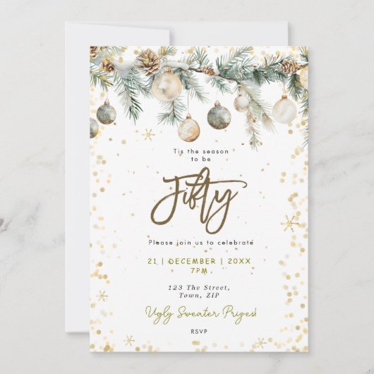 Christmas 50 party baubles pine tree invitation 招待状 (正面)