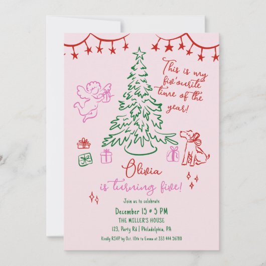 Christmas 5th birthday whimsical tree 案内状 (正面)