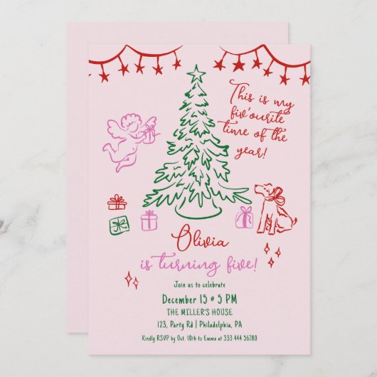 Christmas 5th birthday whimsical tree 案内状 (正面/裏面)