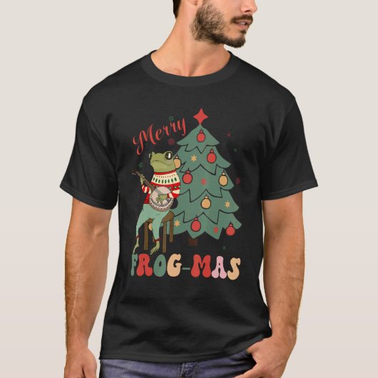 Christmas Aesthetic Cute Frog Playing Bonjo Merry  Tシャツ (正面)