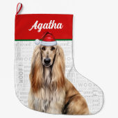 Christmas Afghan Hound Dog Name Woof Background ラージクリスマスストッキング (正面)