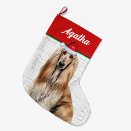 Christmas Afghan Hound Dog Name Woof Background ラージクリスマスストッキング