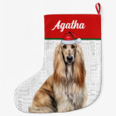 Christmas Afghan Hound Dog Name Woof Background ラージクリスマスストッキング (裏面)