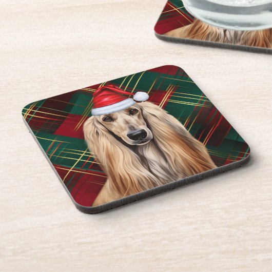 Christmas Afghan Hound Dog Red Plaid Holiday コースター (左側)