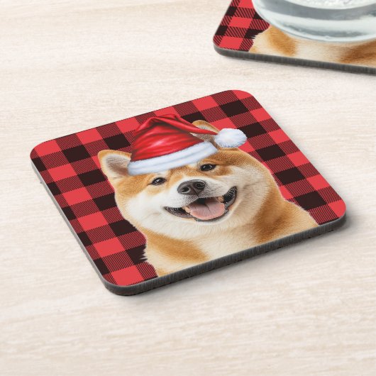 Christmas Akita Dog Red Buffalo Plaid Holiday コースター (左側)