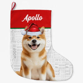 Christmas Akita Dog with Name Woof Background ラージクリスマスストッキング
