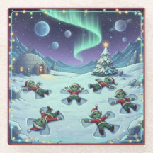 Christmas Alien Snow Angels, Glass Coaster