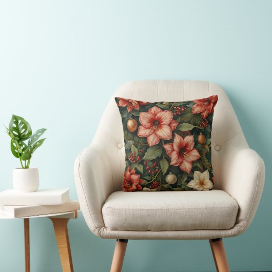 Christmas Amaryllis & Ornament Floral Pillow クッション (椅子)