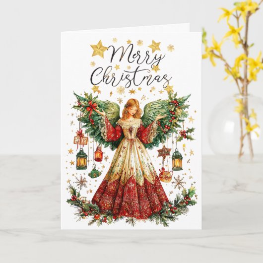 Christmas Angel & Lighted lanterns Merry Christmas カード (黄色い花)