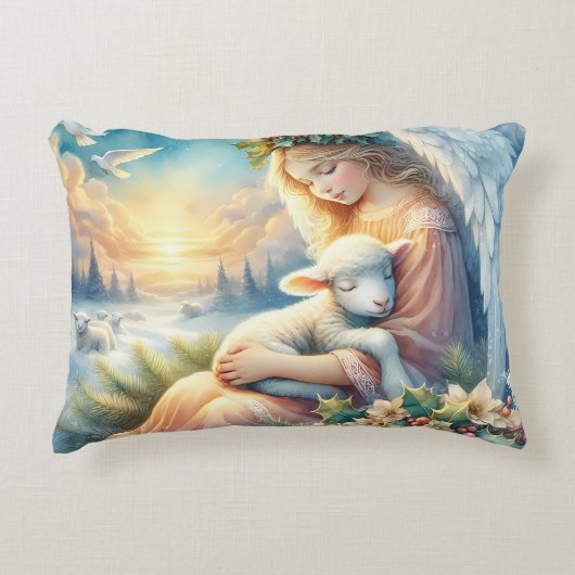 Christmas Angel with Lamb in Winter Peace アクセントクッション (正面)