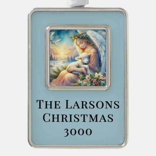 Christmas Angel with Lamb in Winter Peace シルバープレートフレームオーナメント (正面)