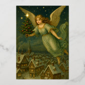 Christmas Angel With Tree Retro Victorian Era 箔シーズンカード (正面)