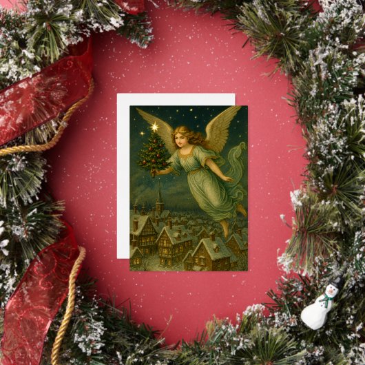 Christmas Angel With Tree Retro Victorian Era 箔シーズンカード (インサイチュ)