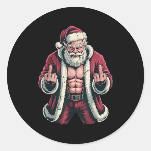 Christmas Angry Santa Middle Finger Sarcastic Xmas ラウンドシール (正面)