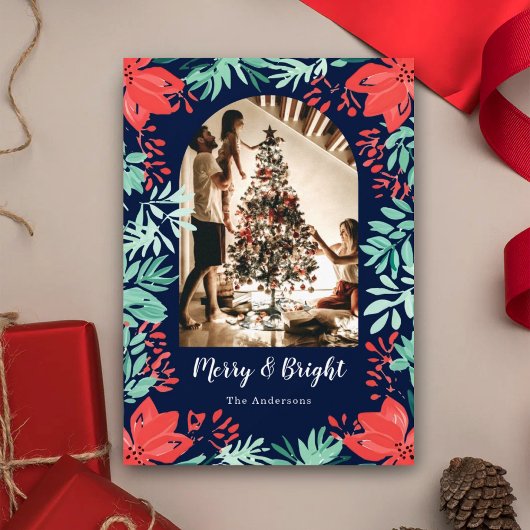 Christmas Arch Photo Blue Botanical Floral  シーズンカード