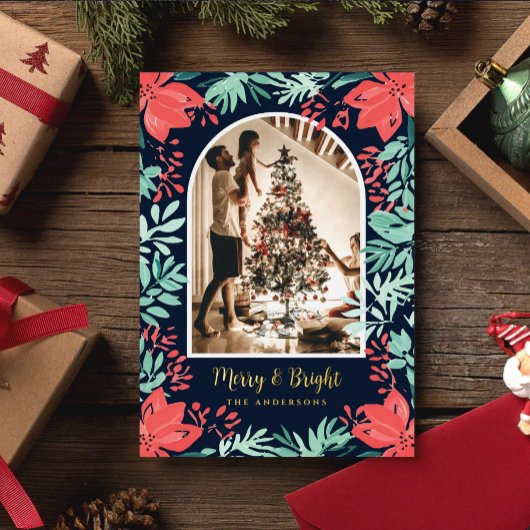 Christmas Arch Photo Botanical Red Floral Gold 箔シーズンカード