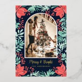 Christmas Arch Photo Botanical Red Floral Gold 箔シーズンカード (正面)