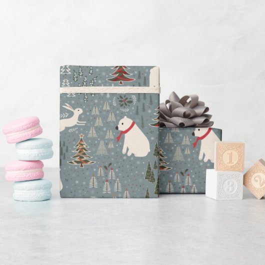 Christmas arctic animals polar bear on blue grey ラッピングペーパー (ベビーシャワー)