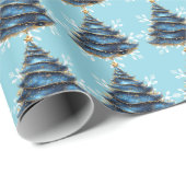 Christmas Artistic Blue Gold Tree Snowflakes ラッピングペーパー (ロールコーナー)