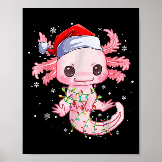 Christmas Axolotl Santa Hat Lights Japanese Cute A ポスター (正面)
