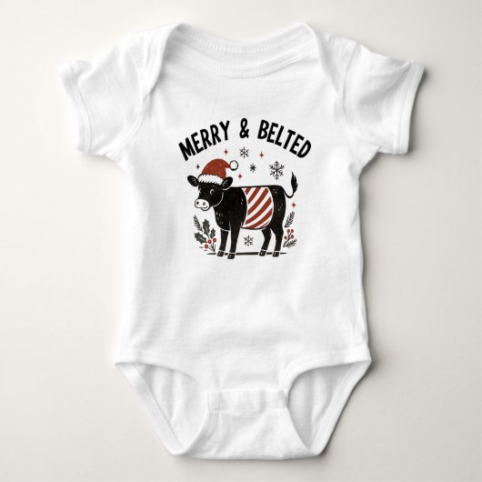 Christmas Baby Beltie Farmer Belted Galloway Cow ベビーボディスーツ (正面)