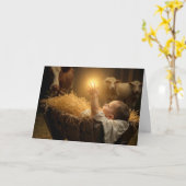 Christmas Baby Jesus In a Manger カード (黄色い花)