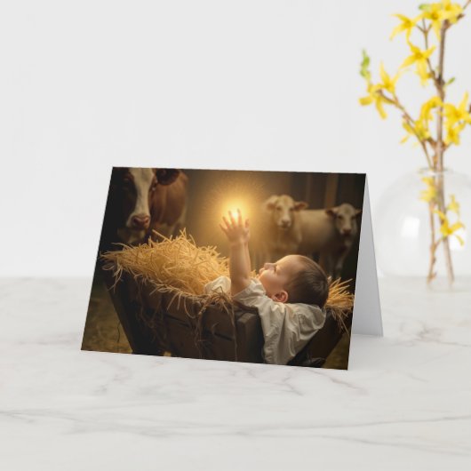 Christmas Baby Jesus In a Manger カード (黄色い花)