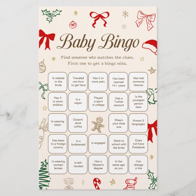 Christmas Baby Shower Find the Guest Bingo Game (正面)