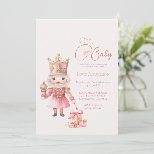 Christmas Baby Shower Pink Nutcracker Watercolor  招待状 (スタンド正面)