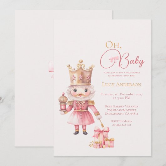 Christmas Baby Shower Pink Nutcracker Watercolor  招待状 (正面/裏面)