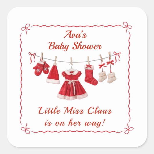 Christmas Baby Shower | Santa Clothes Red & White スクエアシール (正面)