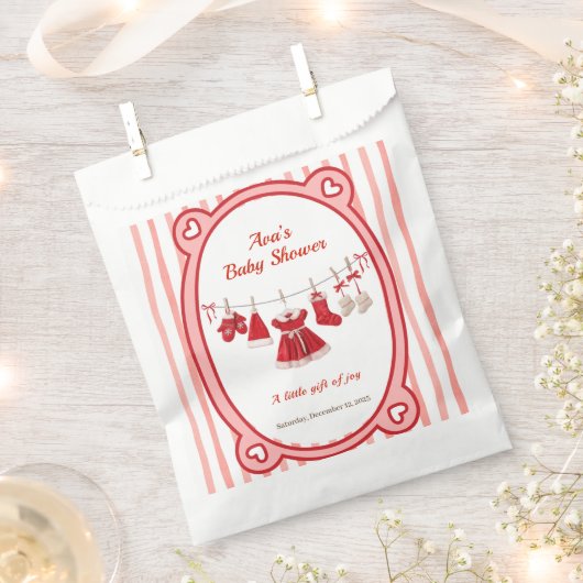 Christmas Baby Shower | Santa Clothes Red & White フェイバーバッグ (クリップ留めされた状態)