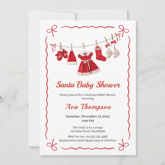 Christmas Baby Shower | Santa Clothes Red & White 招待状 (正面)