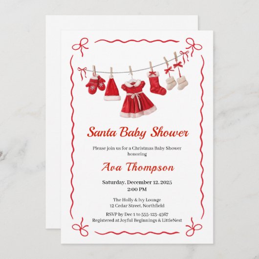 Christmas Baby Shower | Santa Clothes Red & White 招待状 (正面/裏面)