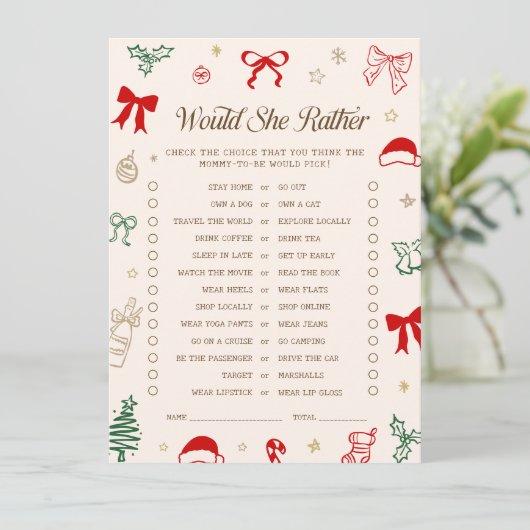 Christmas Baby Shower Would She Rather Game Card 招待状 (スタンド正面)