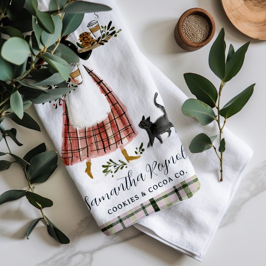 Christmas Baking Lady with Cat Personalized キッチンタオル