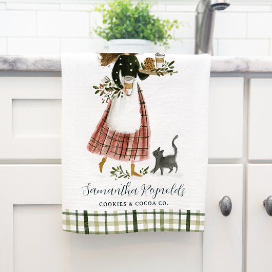 Christmas Baking Lady with Cat Personalized キッチンタオル