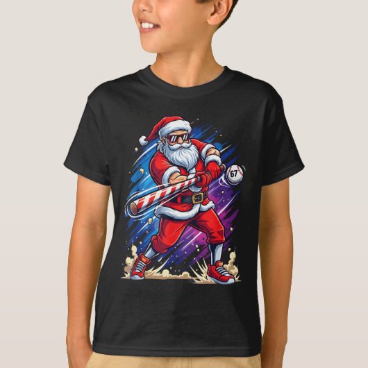 Christmas Baseball Funny Santa Game Day Xmas Boys Tシャツ (正面)