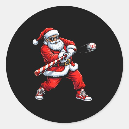 Christmas Baseball Player Santa Funny Xmas Boys Me ラウンドシール (正面)