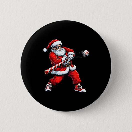 Christmas Baseball Player Santa Funny Xmas Boys Me 缶バッジ (正面)