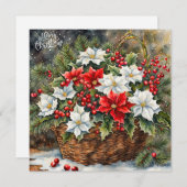 Christmas Basket with Poinsettia Flowers, Berries  シーズンカード (正面/裏面)