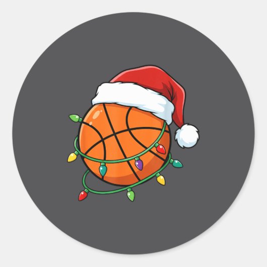 Christmas Basketball Santa Hat Wrapped In Lights H ラウンドシール (正面)
