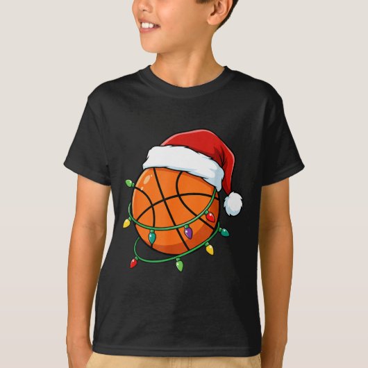 Christmas Basketball Santa Hat Wrapped In Lights H Tシャツ (正面)